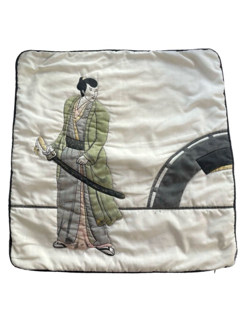 Vintage Handpainted Quilted Japanese Kenshi Swordsman Scenic Throw Pillow Cover